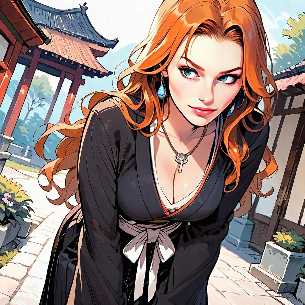 Red-Haired Woman in Traditional Attire Near East Asian Buildings Digital Artwork