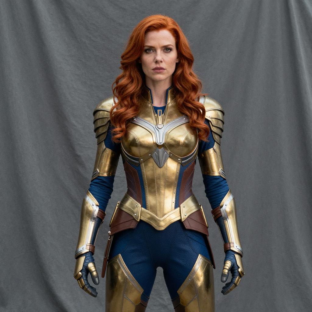 Red-Haired Woman Wearing Futuristic Golden Armor Suit