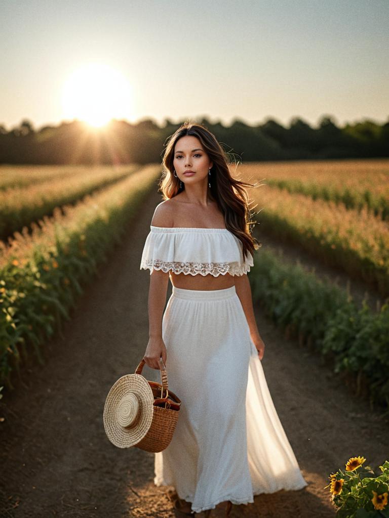 Woman in White Outfit Strolling in Sunlit Field