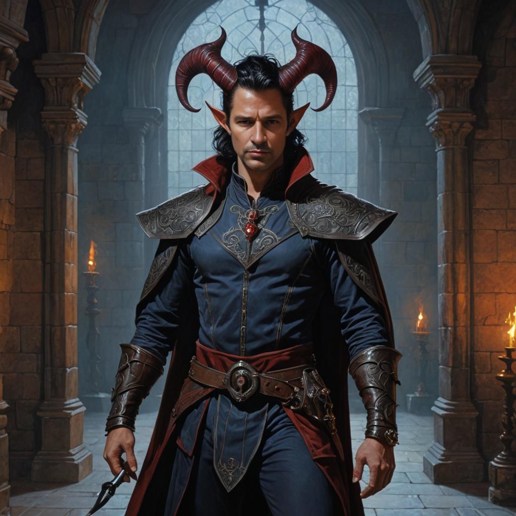 Confident Male Tiefling in Gothic Chamber