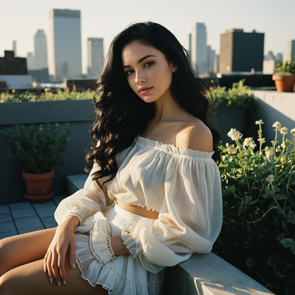Elegant Young Woman in White Outfit on Rooftop with City Skyline