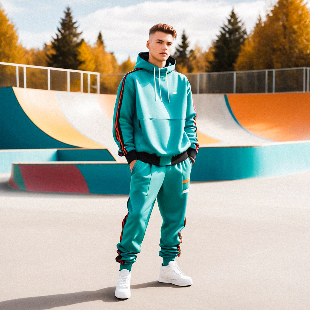 Stylish Young Man in Turquoise Tracksuit at Skate Park