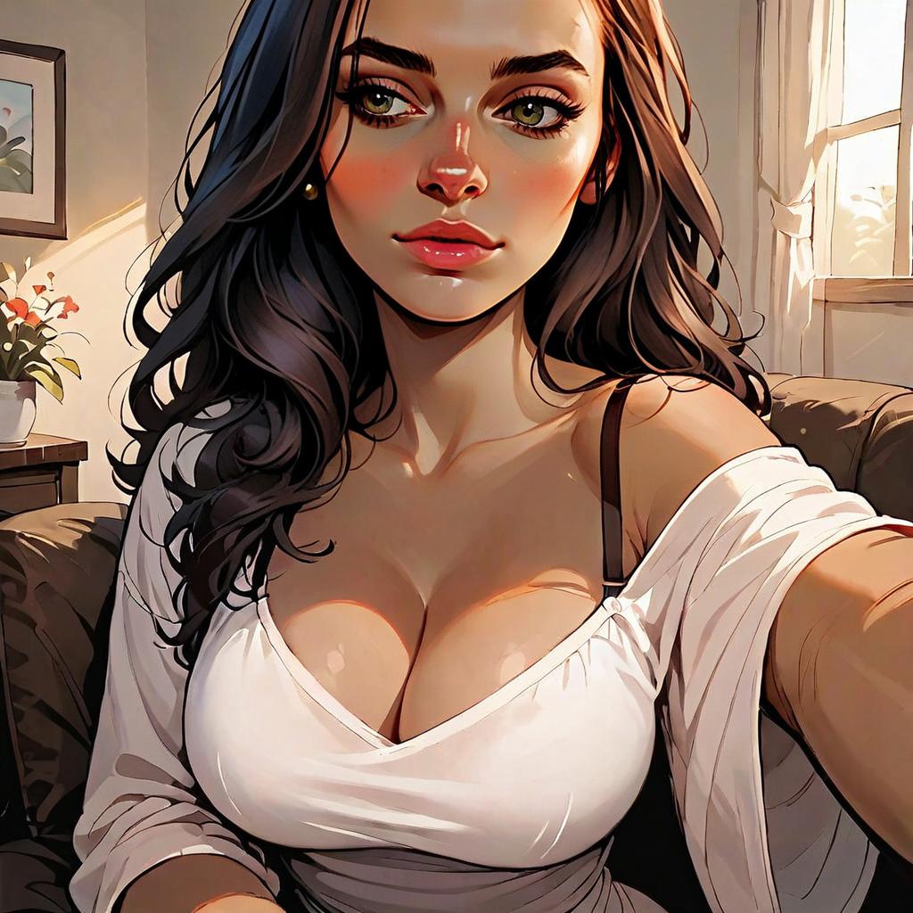 Beautiful Digital Portrait of Woman with Long Hair in White Top