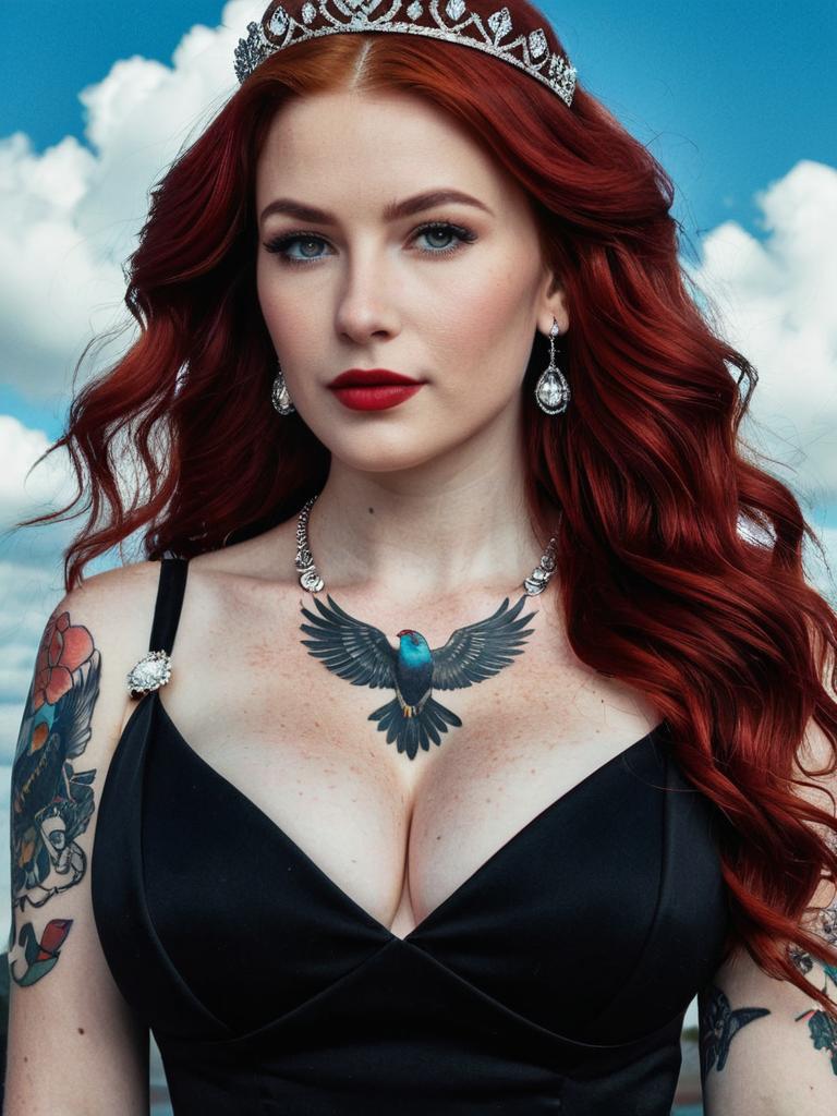 Red Haired Woman with Bird Chest Tattoo and Tiara in Black Dress