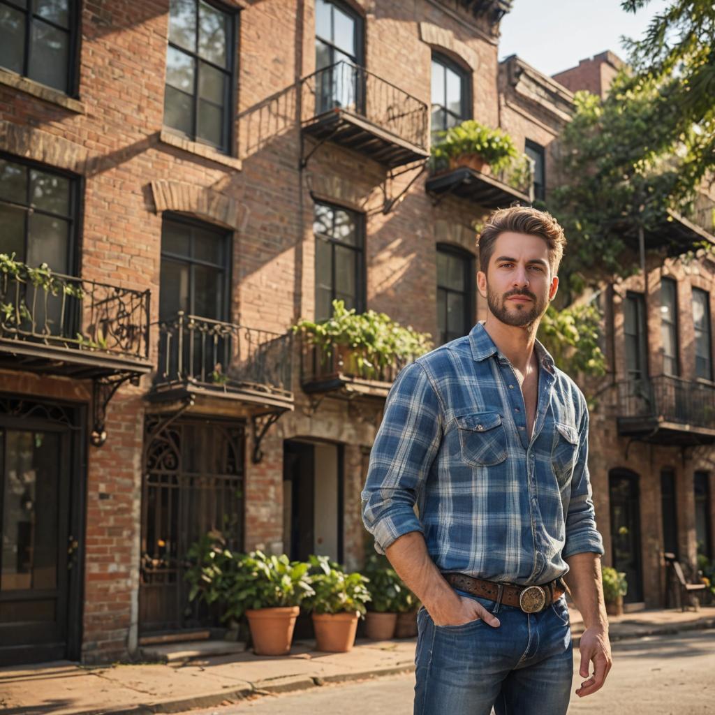 Confident man in front of Louisiana architecture