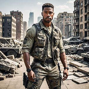 Confident Man in Tactical Gear in War-Torn Urban Environment