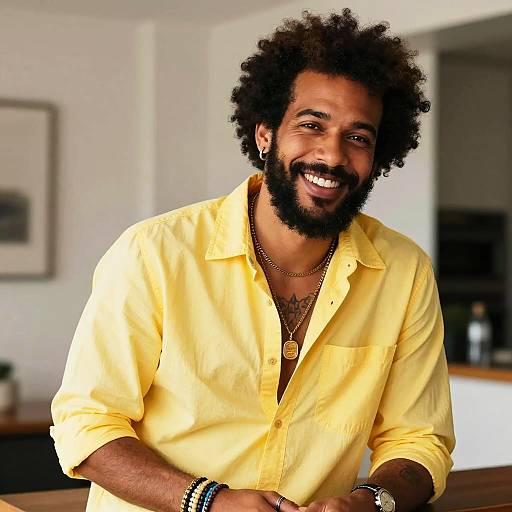 Smiling Man in Yellow Shirt with Curly Hair and Beard Indoors
