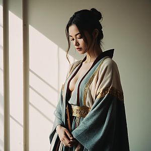Elegant Woman in Traditional Robe with Gold Details Standing in Soft Natural Light