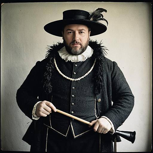Renaissance Style Portrait of Man in Historical Costume with Feathered Hat and Cane