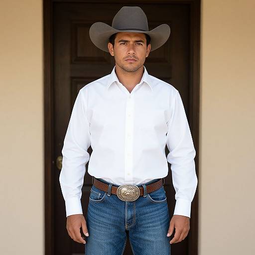 Man in Classic Cowboy Outfit with White Shirt and Grey Hat