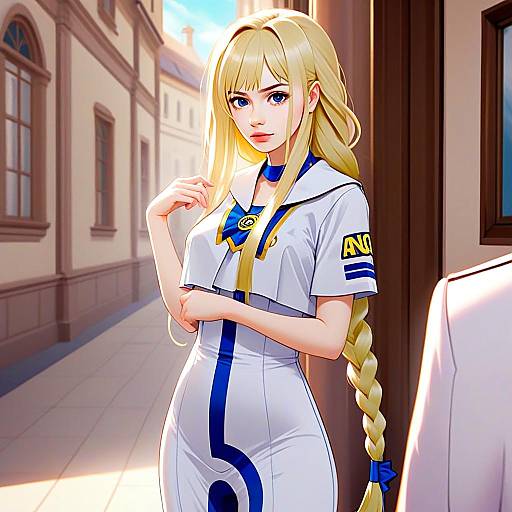 Blonde Woman in Futuristic Blue and White Uniform Digital Illustration