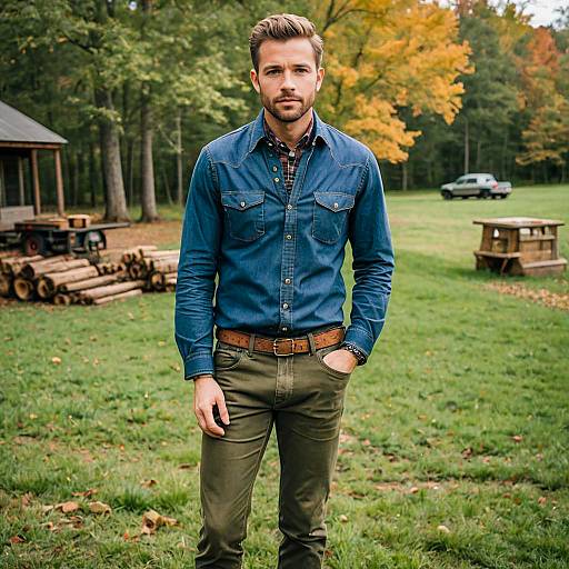 Young Man in Denim Shirt and Olive Pants Outdoors with Autumn Trees
