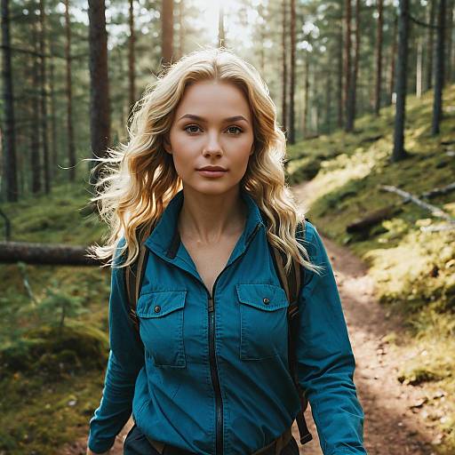 Blonde Woman Hiking on Forest Trail in Blue Jacket Outdoors