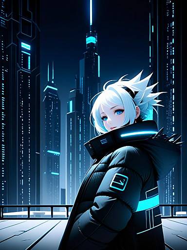 Cyberpunk Woman in Neon Cityscape with Futuristic Puffer Jacket