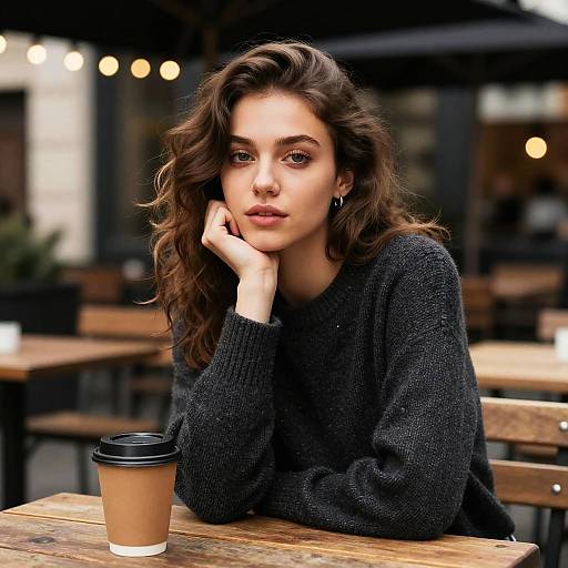 Thoughtful Young Woman Sitting at Outdoor Café with Coffee