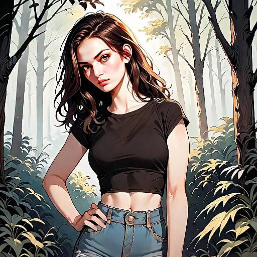 Stylized Digital Portrait of a Woman in Forest Wearing Crop Top and Jeans