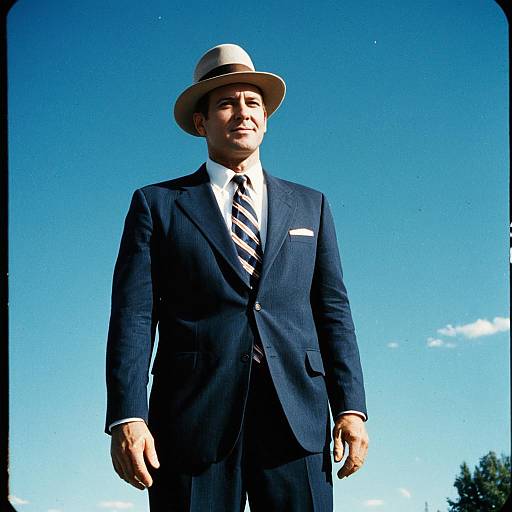 Man in Classic American Suit and Fedora Hat Against Blue Sky