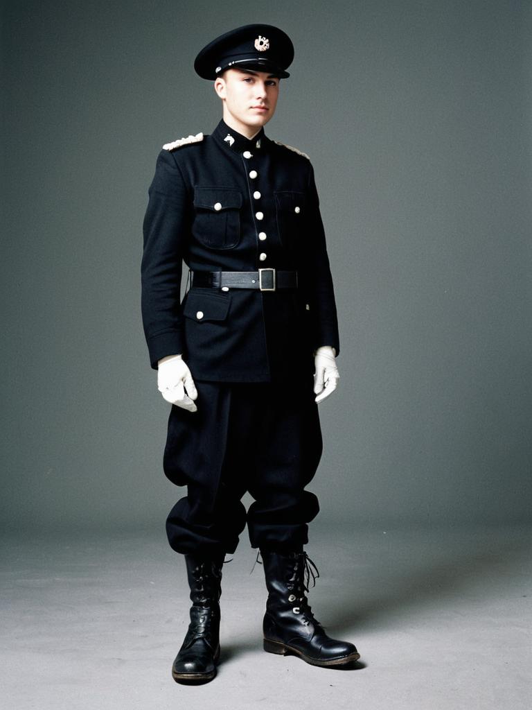 Young Man in Traditional Black Ceremonial Military Uniform Portrait Young Man in Traditional Black Ceremonial Military Uniform Portrait
