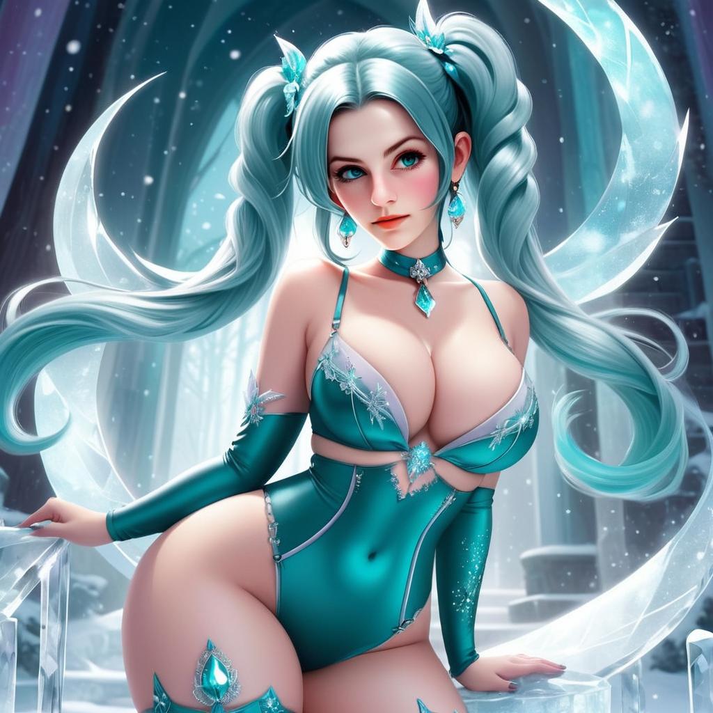 Fantasy Anime Woman with Turquoise Hair and Icy Costume in Snowy Landscape