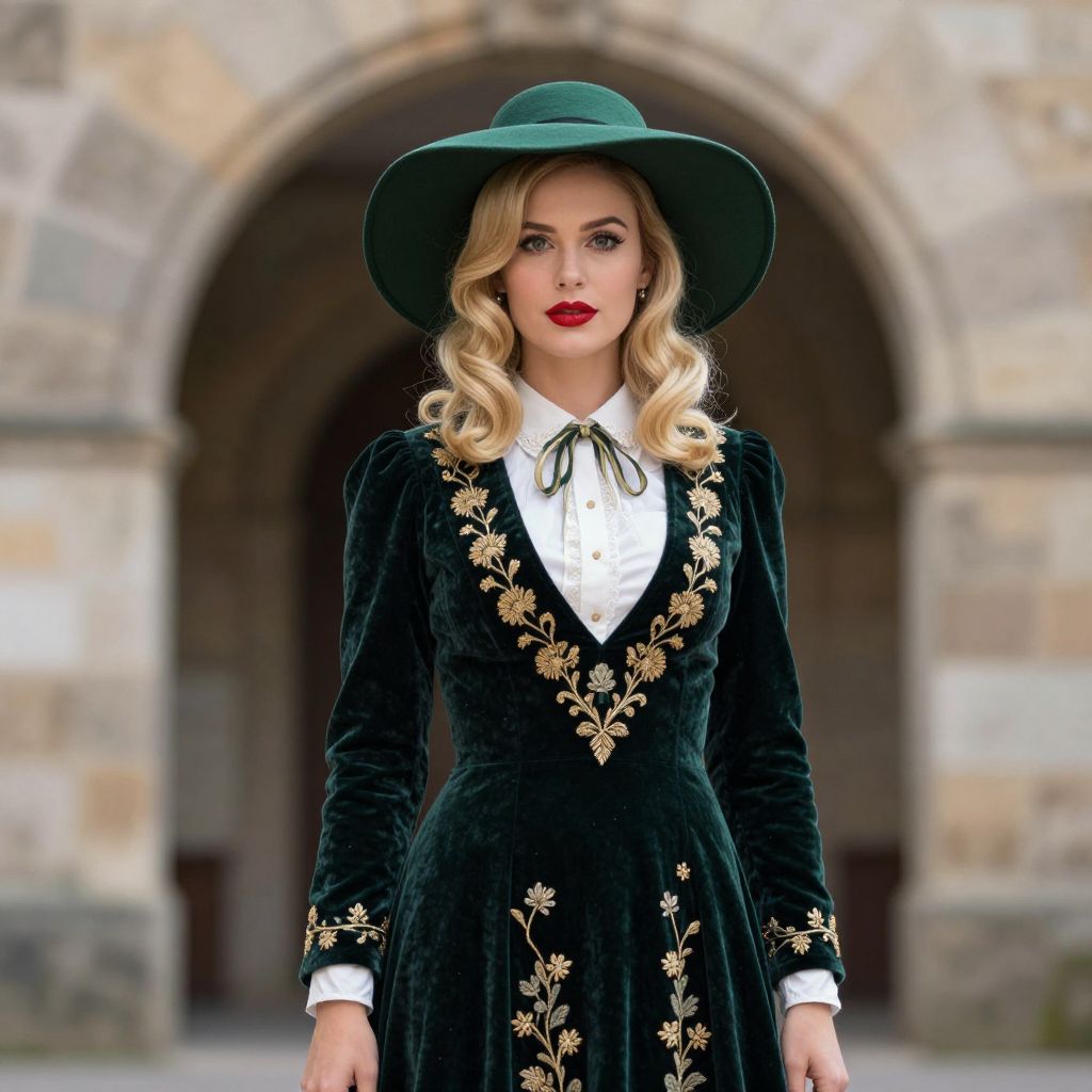 Elegant Woman in Green Velvet Embroidered Dress with Wide-Brimmed Hat