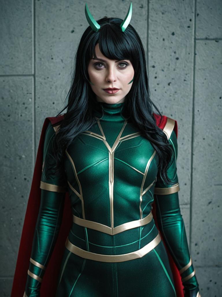 Realistic Woman in Green and Gold Superhero Cosplay with Horns and Red Cape