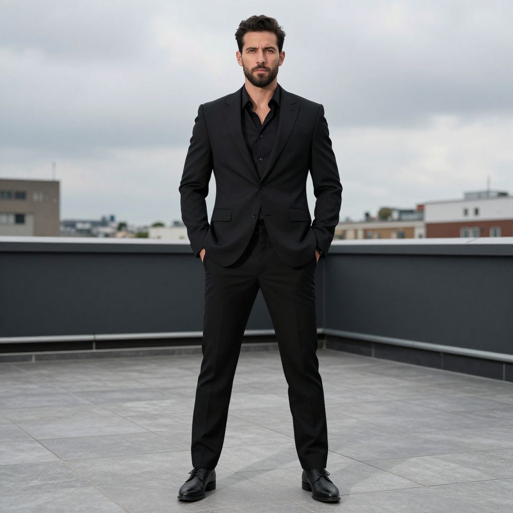 Confident Man in Black Suit on Urban Rooftop