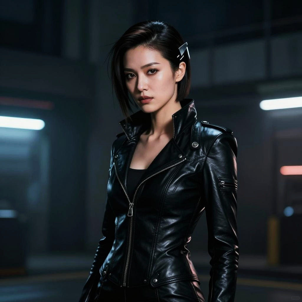 Confident Young Woman in Black Leather Jacket with Edgy Gen Z Style