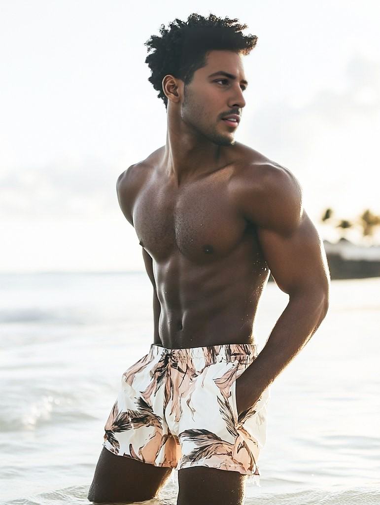 Muscular Man at Beach in Tropical Swim Shorts