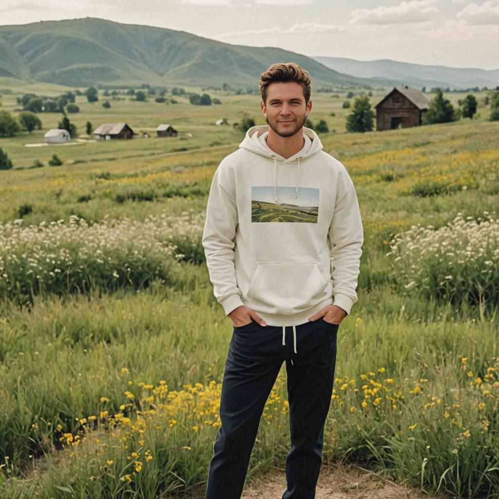 Man in Hoodie in Serene Meadow with Scenic Landscape