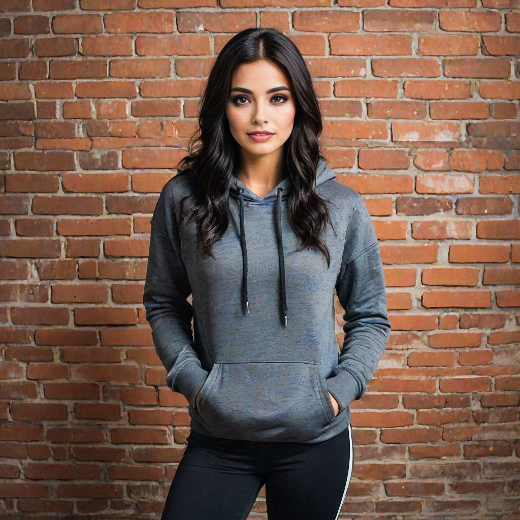 Confident Young Woman in Gray Hoodie Against Brick Wall Confident Young Woman in Gray Hoodie Against Brick Wall