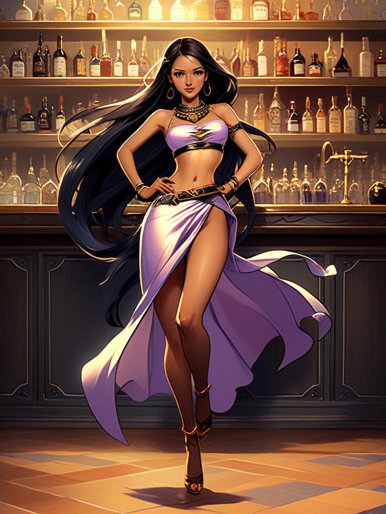 Confident Woman in Lilac Outfit at Modern Bar