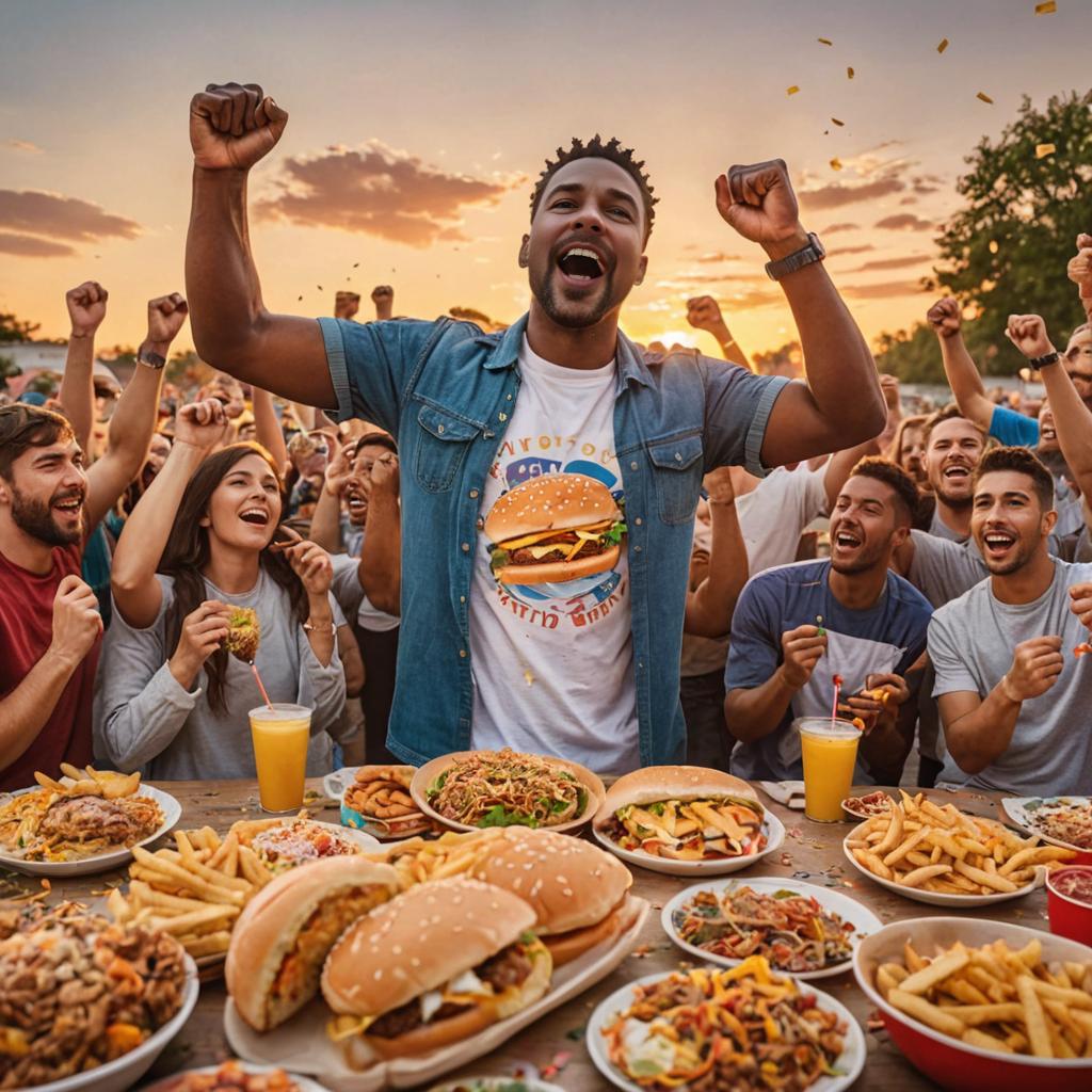 Man Celebrates Triumph Amidst Fast Food Feast