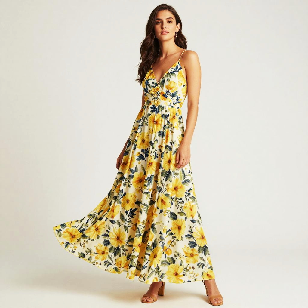 Woman Wearing Yellow Floral Maxi Dress Summer Style