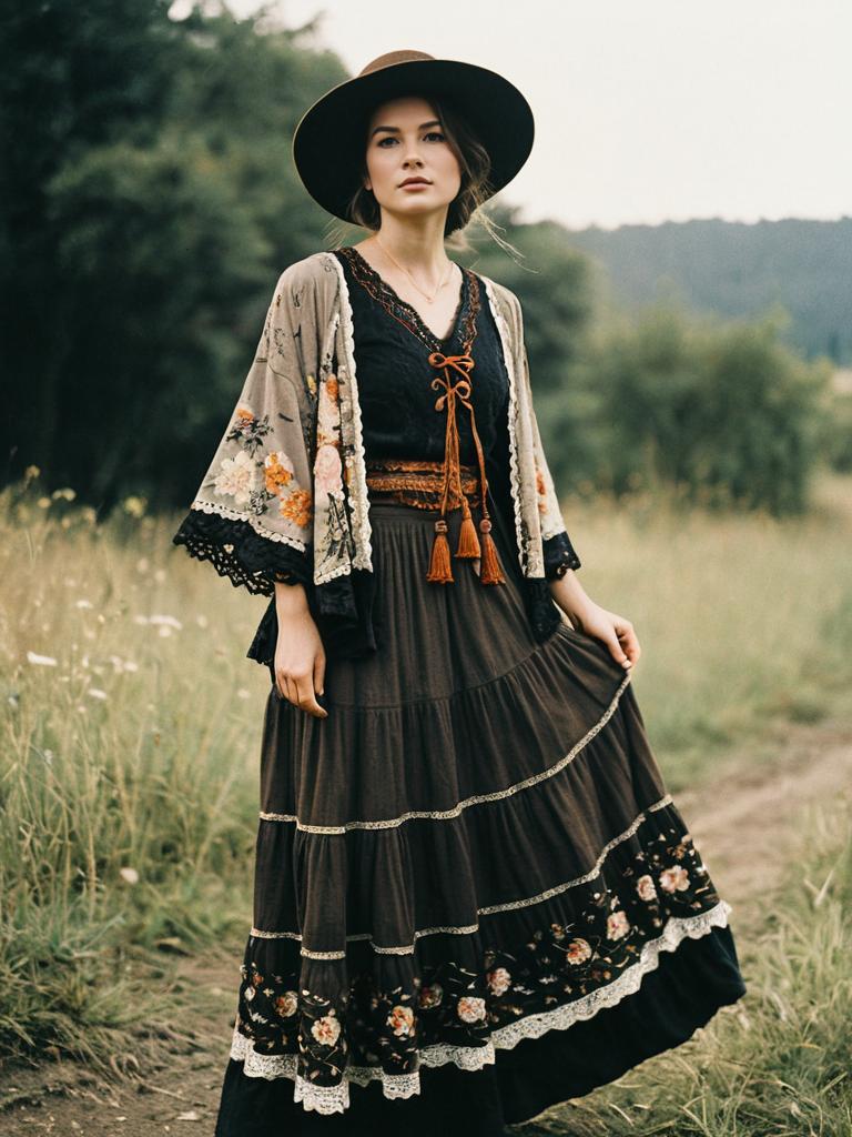 Bohemian Woman in Vintage Floral Skirt and Hat Outdoors