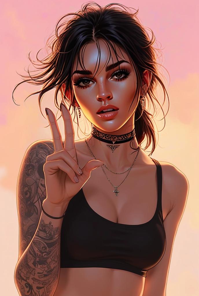 Edgy Young Woman with Tattoos and Choker in Digital Artwork