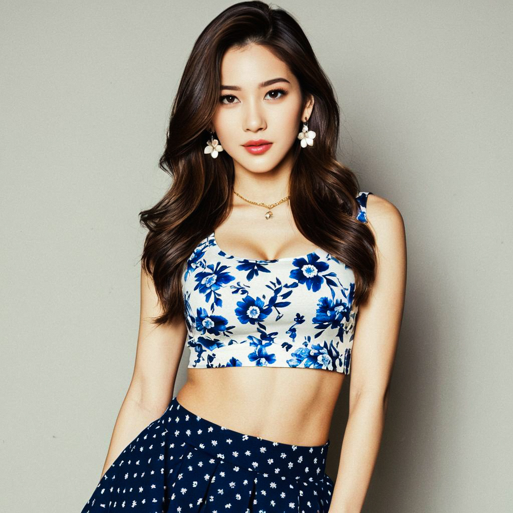 Confident young woman in floral crop top and high-waisted skirt