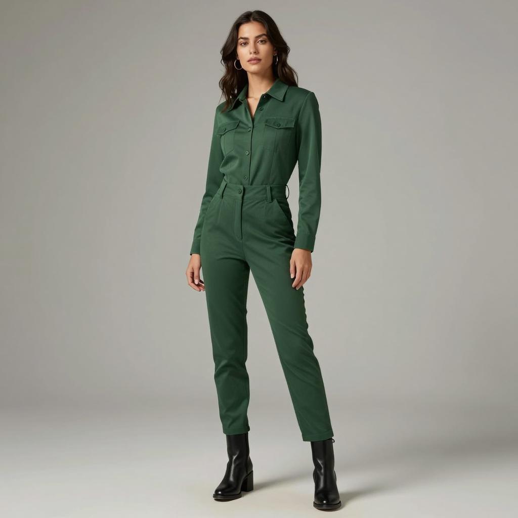 Woman Wearing Forest Green Jumpsuit with Black Boots in Modern Minimalist Style