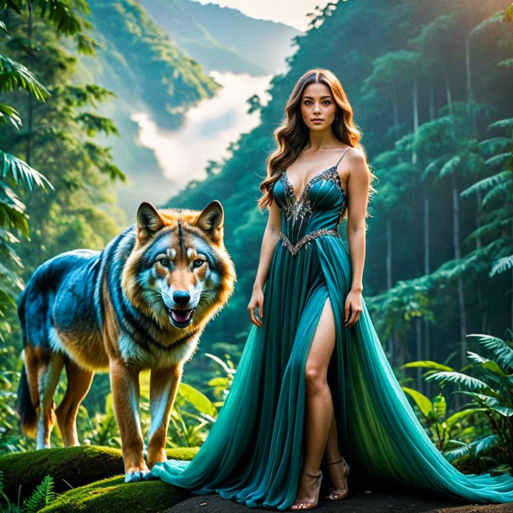 Woman in Green Gown with Wolf