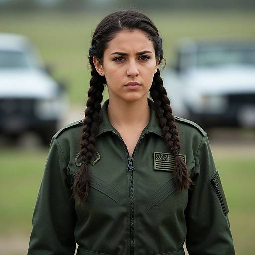 Serious Woman in Military Style Jacket Outdoors with Vehicles in Background