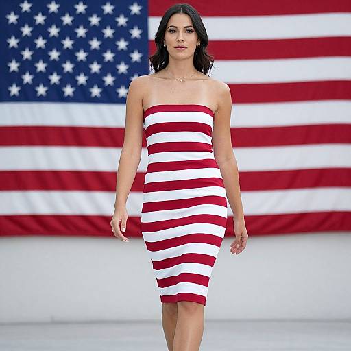 Woman Wearing Red and White Striped Dress with American Flag Background