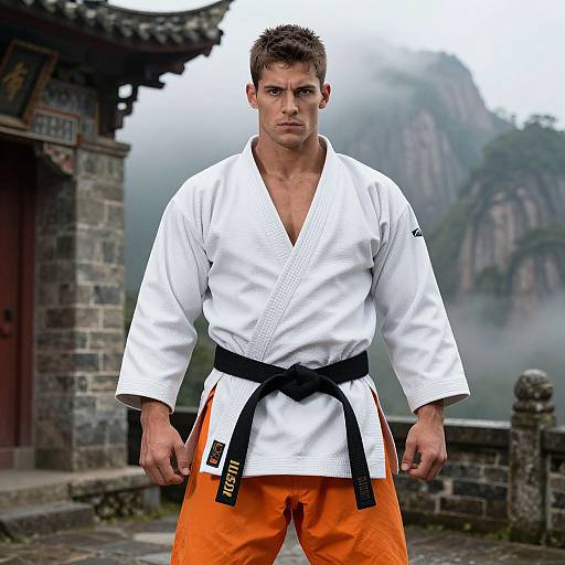 Martial Artist in White Gi with Black Belt at Asian Temple