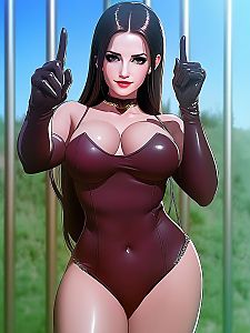 Stylized Digital Illustration of Woman in Glossy Brown Bodysuit