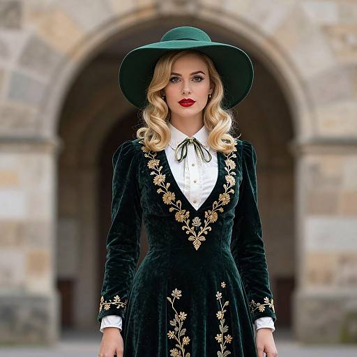 Elegant Woman in Green Velvet Embroidered Dress with Wide-Brimmed Hat