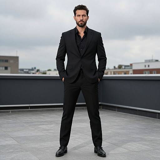 Confident Man in Black Suit on Urban Rooftop