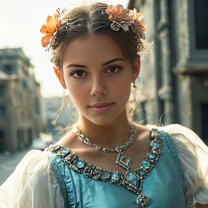 Elegant Vintage-Inspired Turquoise Dress with Orange Flowers