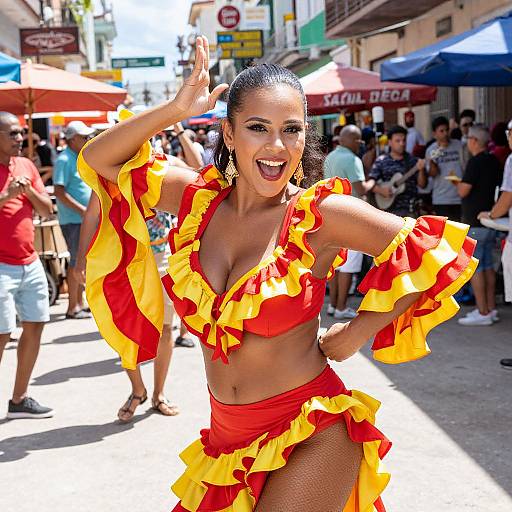 Woman Dancing in Red and Yellow Ruffled Costume at Street Festival