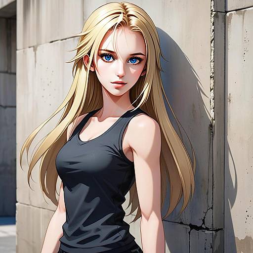 Blonde Woman in Black Tank Top Digital Anime Illustration