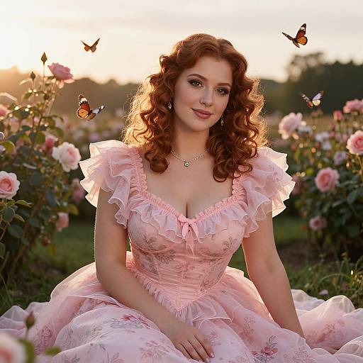 Red-Haired Woman in Pink Ruffled Dress Sitting in Rose Garden with Butterflies