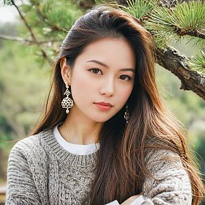 Young Woman in Cozy Sweater by Pine Tree
