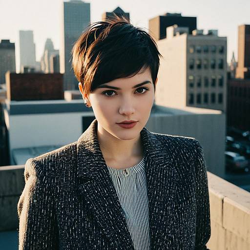 Confident Young Woman on Rooftop with Cityscape Background
